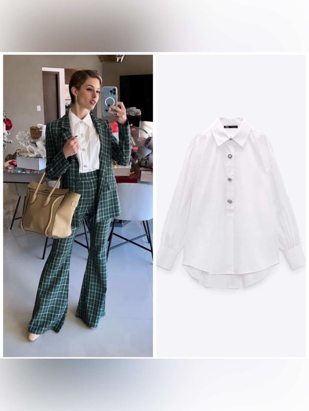 ZARA White Dress Shirt with Mixed Jewel Buttons